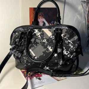 Burberry Floral Beat Check Large Satchel with crossbody strap.